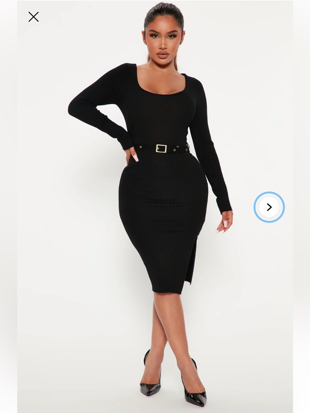 Fashion Nova Black Long-Sleeve Ribbed Belted Midi Dress